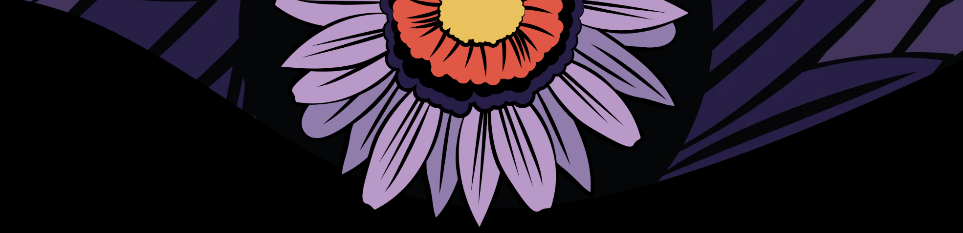 Illustration of a purple sunflower with a bright orange and yellow center. Background pattern of a deep purple sunflower petals in a radial shape.
